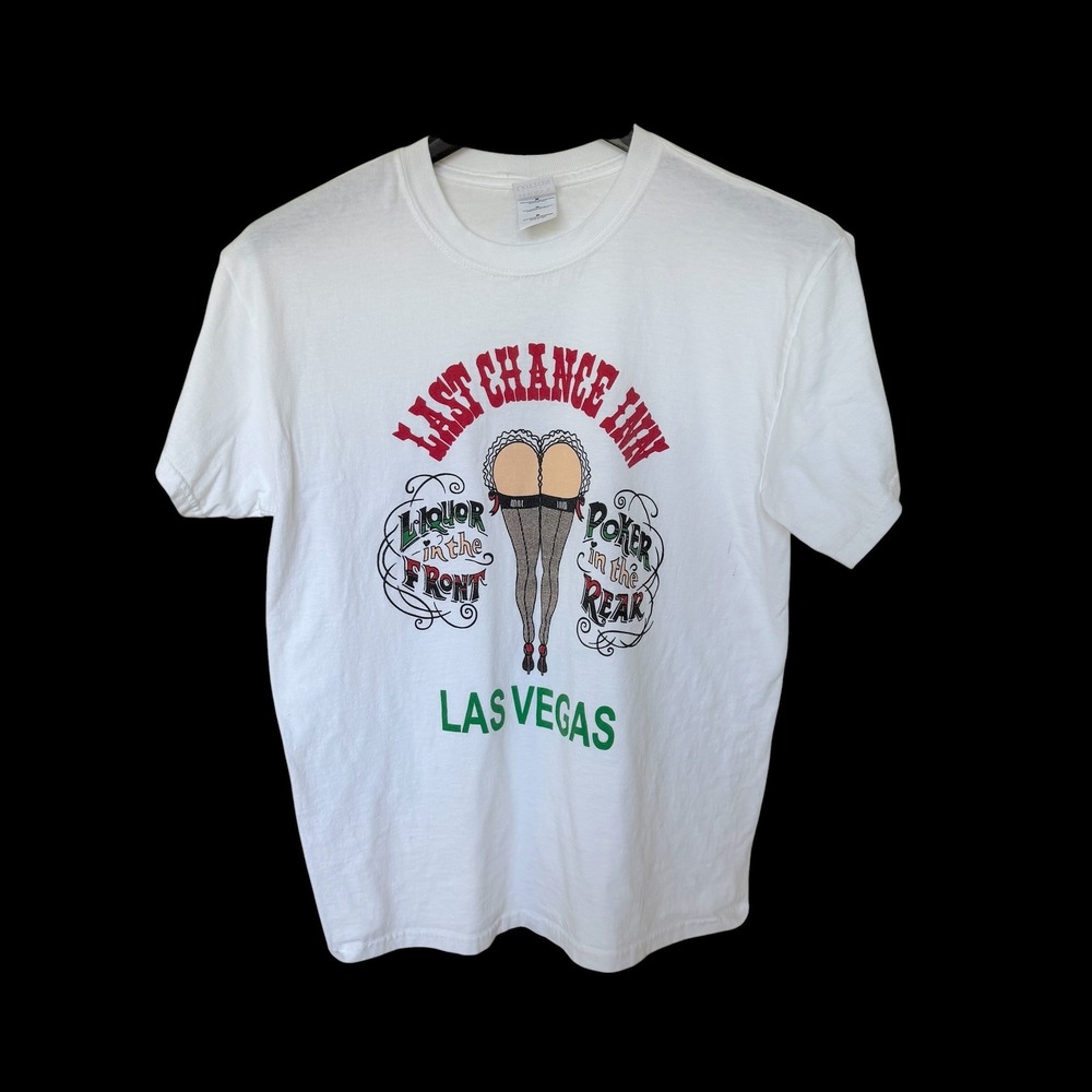 90's Las Vegas Last Chance Inn Liquor Poker Pinup 50's T-Shirt Med White